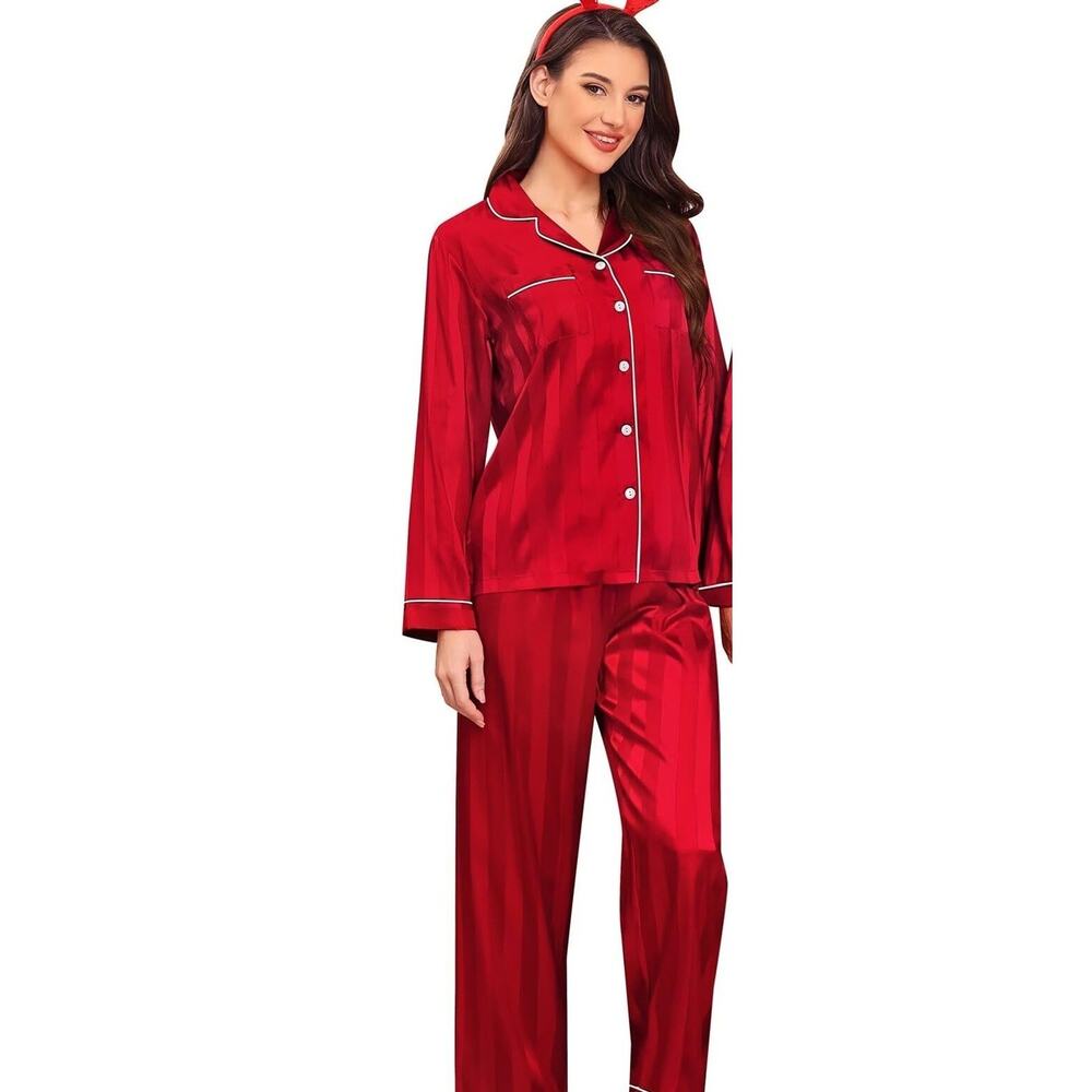 Womens Pajama Set 2XL Red Striped Button Down Silky Loungewear Sleepwear